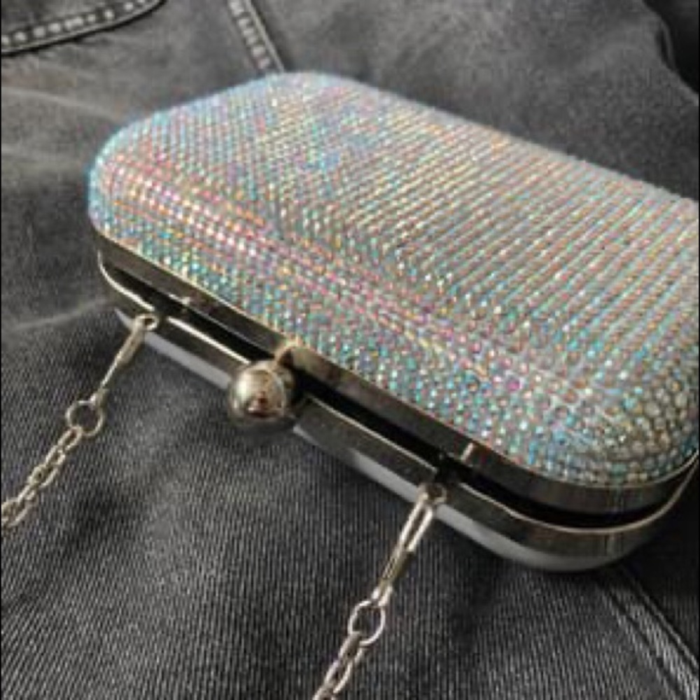 Holographic Rhinestone Hard Cover Clutch w/ Strap